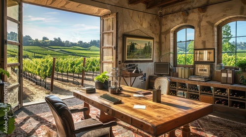 rustic and charming office in a vineyard farmhouse, with a large wooden desk, vintage decor, and views of rolling vine-covered hills