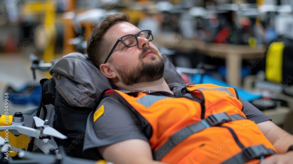 Obraz premium A worker in an orange vest resting in a workshop, showcasing the importance of breaks in a busy work environment.