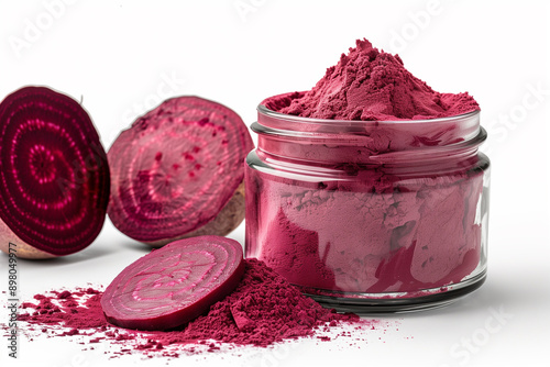 Beetroot powder in a glass jar photo