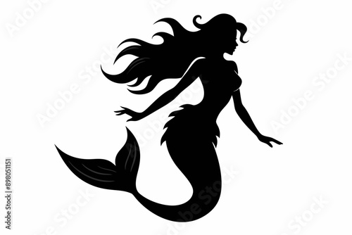 Design element, vector illustration. Vector illustration. Mermaid silhouette. Girl with a fishtail. Black and white mermaid silhouette