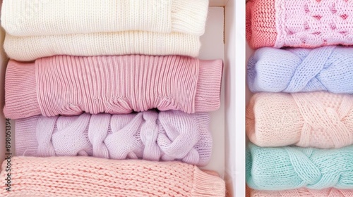 Wool sweaters folded neatly in a drawer focus on, organized style, ethereal, Multilayer, bedroom