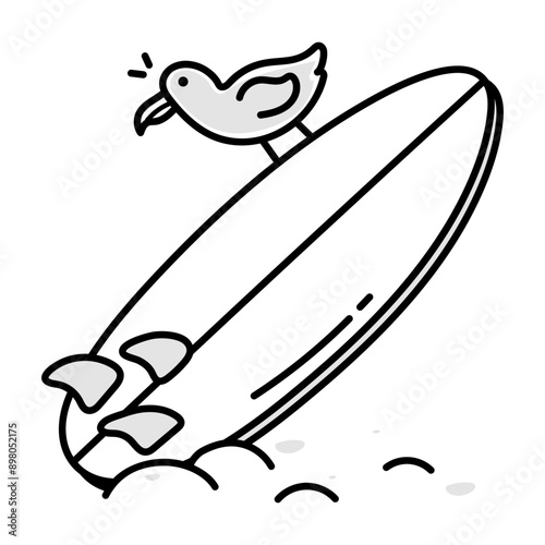 A hand drawn icon showing a cute bird sitting on a surfboard 

