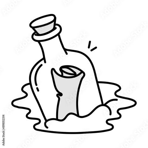 Scroll paper in message bottle, doodle icon 

