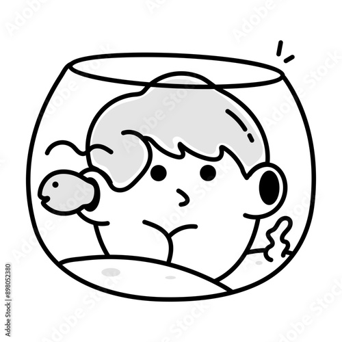 Boy watching fishbowl, hand drawn icon 

