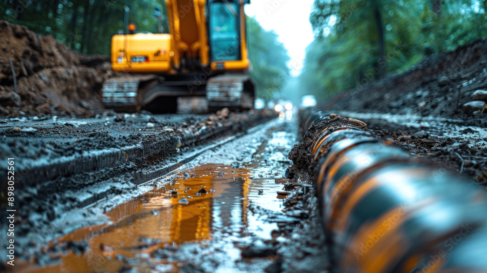 Construction team installing drainage pipes beneath a road. Construction team installing drainage pipes beneath a road.