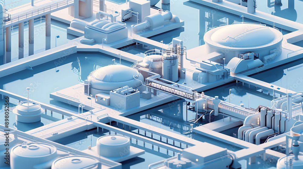 Fototapeta premium Stylized Isometric Industrial Building with Hyper-Realistic Aquatic Design