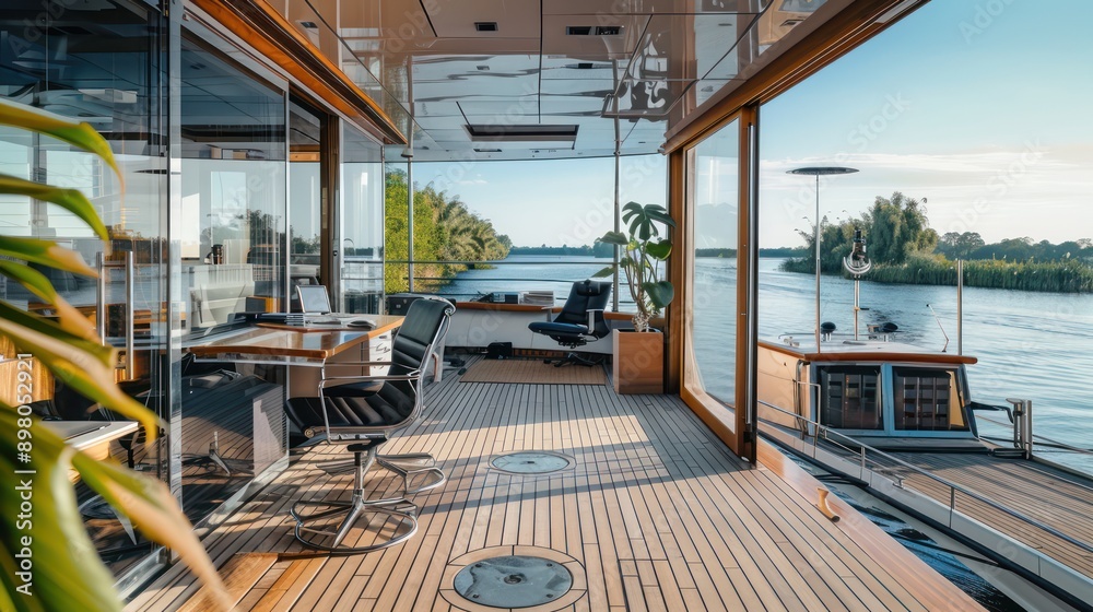 Fototapeta premium avant-garde office space on a refurbished boat, with creative use of marine elements and a deck overlooking the water