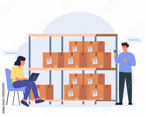 Inventory control system warehouse workers checking Inventory on shelf vector illustration