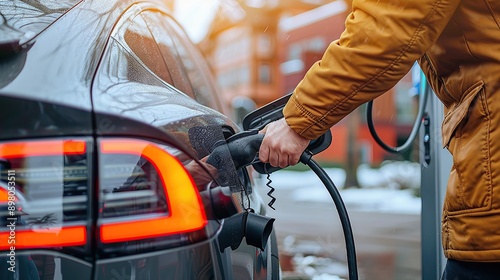 Plugged in electric car in at a EV charging station, man use the power cable and plug on nature background, Charging modern electric cars from station outdoors.