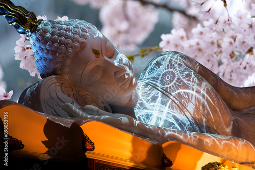Nirvana white marble reclining Buddha, beautiful flower background.	