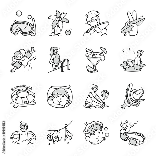WebPack of Diving and Swimming Doodle Icons 

