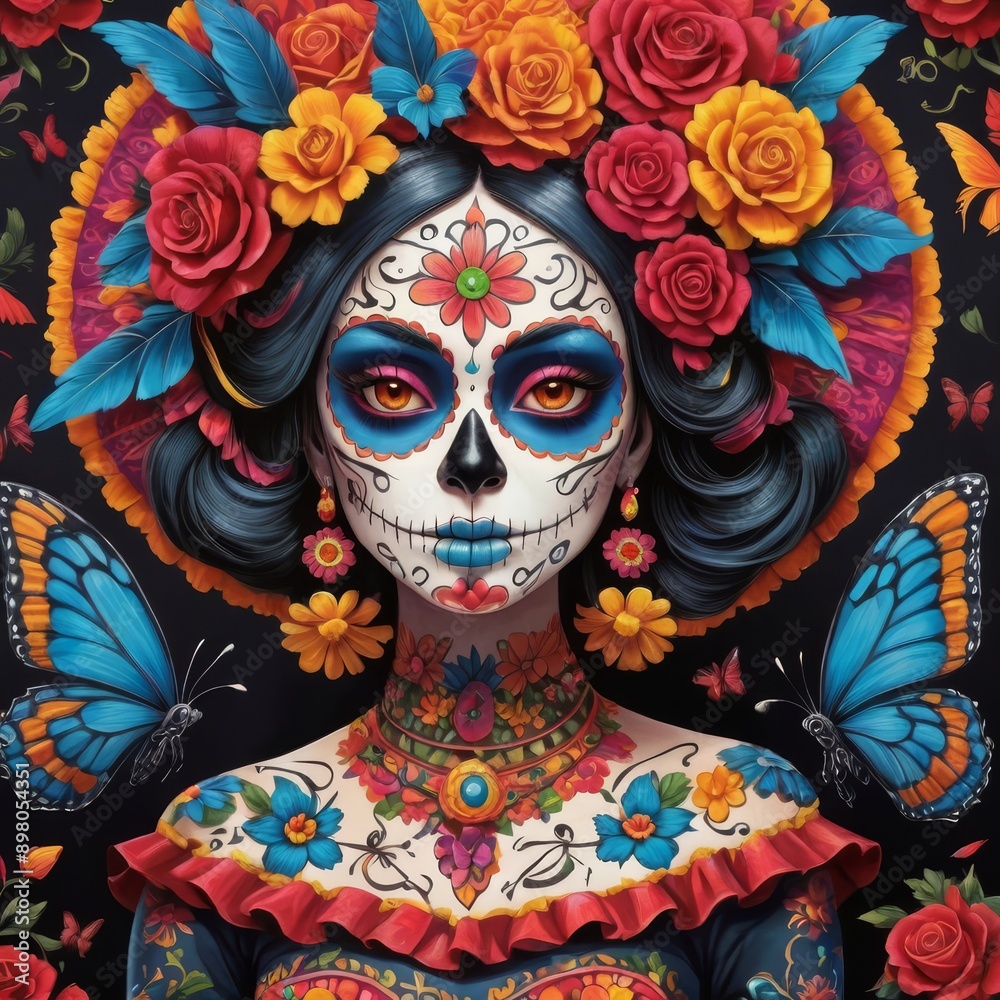 Make a draw of a vibrant and eye-catching catrina. The draw must be beautiful and stand out with its vivid colors and intricate details. The catrina must be adorned with flowers, traditional patterns, Make a draw of a vibrant and eye-catching catrina. The draw must be beautiful and stand out with its vivid colors and intricate details. The catrina must be adorned with flowers, traditional patterns,