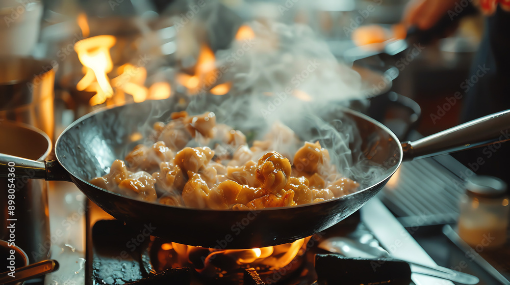 Steaming Chicken Stir-Fry Cooking in a Wok Over a Gas Burner in a Restaurant Kitchen Steaming Chicken Stir-Fry Cooking in a Wok Over a Gas Burner in a Restaurant Kitchen