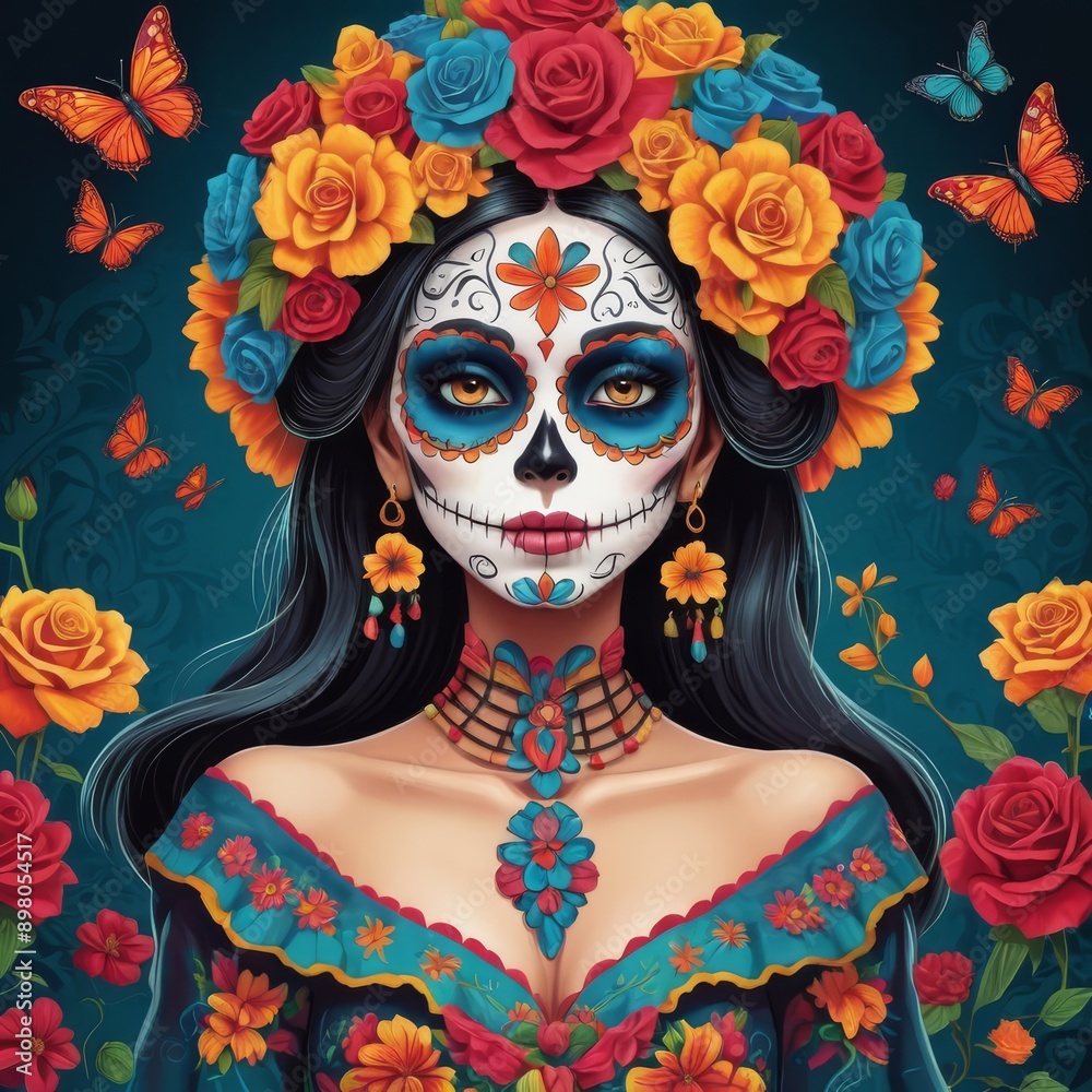 Make a draw of a vibrant and eye-catching catrina. The draw must be beautiful and stand out with its vivid colors and intricate details. The catrina must be adorned with flowers, traditional patterns, Make a draw of a vibrant and eye-catching catrina. The draw must be beautiful and stand out with its vivid colors and intricate details. The catrina must be adorned with flowers, traditional patterns,