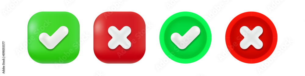 Green Check Mark Tick and Red Cross X Icons on Round and Square Backgrounds - Approved True, Rejected False Symbols. Vector.