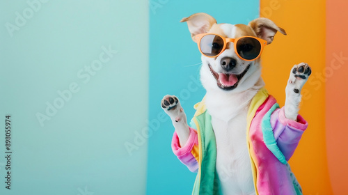 Happy pet with sunglasses and colorful fashion outfit dancing on colorful background with copy space. Fun night party animal creative concept. Generative AI. photo