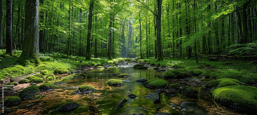 Fototapeta premium A forest river stream. Generative AI technology. 