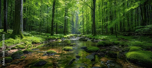Panel kuchenny z motywem A forest river stream. Generative AI technology.  