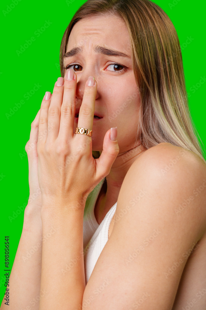Woman Covering Her Face With Her Hands During a Green Screen Shoot Woman Covering Her Face With Her Hands During a Green Screen Shoot