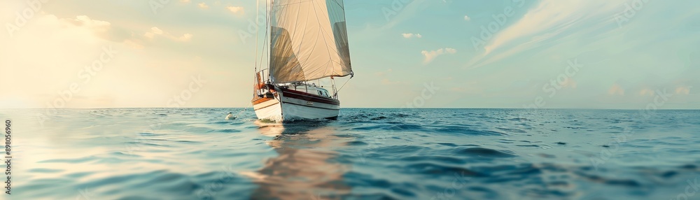 Fototapeta premium Tranquil Sailboat Journey Toward Horizon on Serene Ocean with Copy Space, Deep Depth of Field