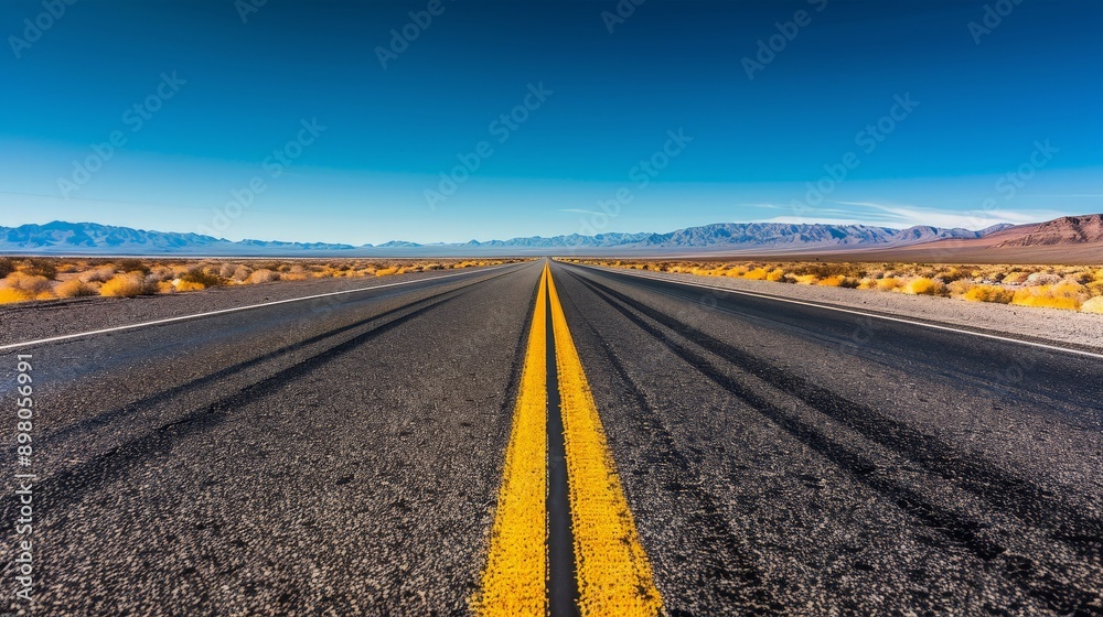 Fototapeta premium Endless Journey: Empty Highway Stretching to the Horizon in Desert Landscape with Copy Space.