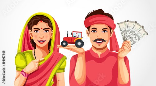 Vector illustration of Indian rural farmer holding Indian rupee notes and his wife showing debit card isolated in white background- Concept of earning, agriculture profitable investment