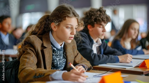 A focused student in a formal setting takes notes during a classroom session. 