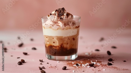 Iced Coffee With Whipped Cream and Chocolate Shavings on Pink Background