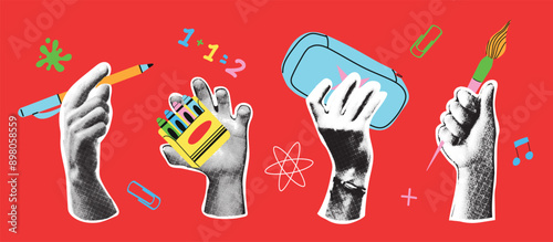 Back to school collage hands set. Halftone hands holding stationery. Trendy vector gesture signs. Modern forms for card, print on cloth. 