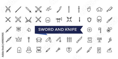 Sword and knife line icon set with editable stroke collection for web and ui. Line icons pack. Vector illustration.