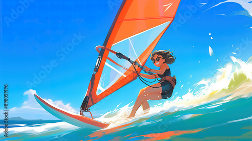 A young woman is windsurfing. 