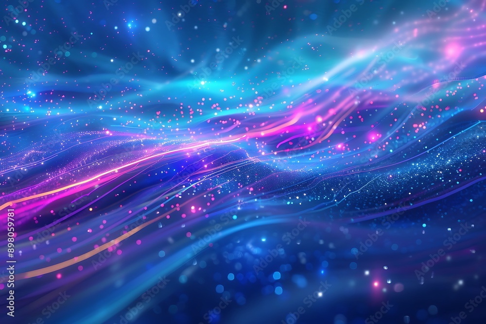 Obraz premium A dreamy cosmic abstract scene with deep blue transitioning to light purple, enhanced by bright neon streaks and glowing particles, evoking a sense of cosmic wonder and beauty.