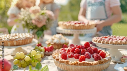 Family enjoying different kinds of pies selective focus, sweet indulgence, dynamic, Double exposure, picnic table