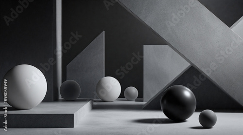 球体、立方体、円錐体を奥行きを持たせて配置したミニマルな幾何学的構図、影と立体感を強調したドラマチックな照明、マットまたはメタリックな質感