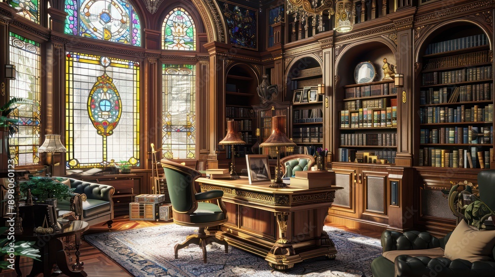 Obraz premium elegant home office in a Victorian mansion, with period furniture, stained glass windows, and a majestic bookcase