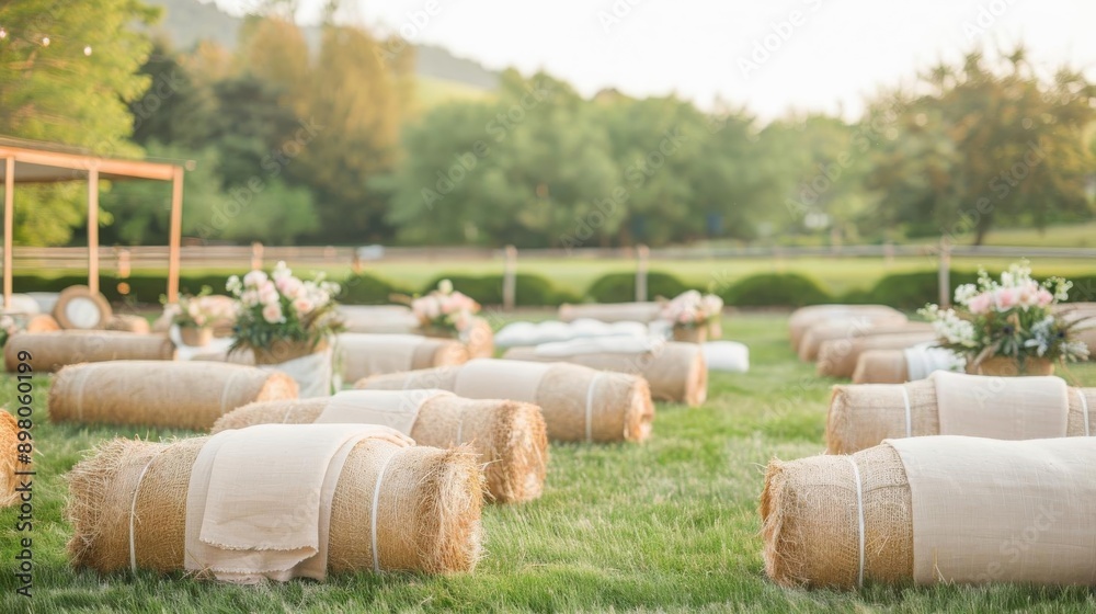Hay bales arranged for seating at an outdoor event focus on, rustic seating, vibrant, Overlay, farm event Hay bales arranged for seating at an outdoor event focus on, rustic seating, vibrant, Overlay, farm event
