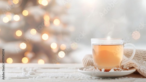 Hot cider by a fireplace on a snowy day focus on, winter relaxation, ethereal, Multilayer, fireplace photo