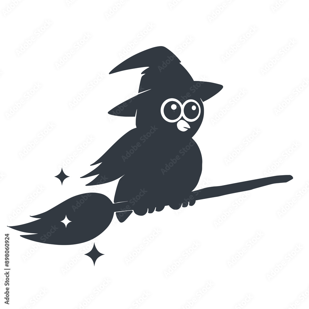 Fototapeta premium Cartoon Witch Owl on Broomstick Logo Icon Vector