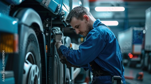 Mechanic Working on a Semi-Truck Tire in a Garage