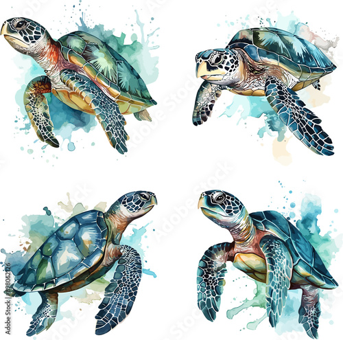 Sea Turtles Watercolor Vector Illustration.