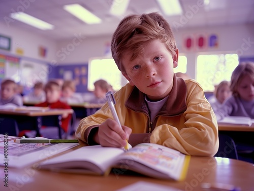 Young Boy Writing In Elementary School Classroom