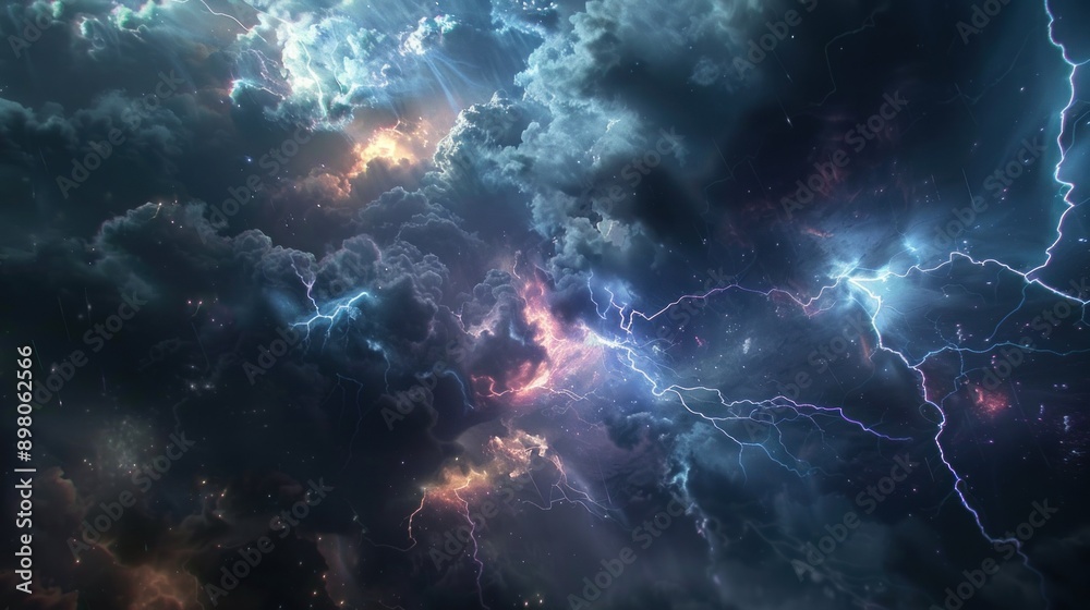 A celestial storm rages through the dark sky with flashes of lightning illuminating the clouds A celestial storm rages through the dark sky with flashes of lightning illuminating the clouds