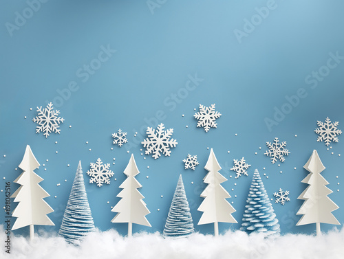 White Christmas trees and snowflakes on blue background. Paper cut style. Christmas card concept. Copy space.