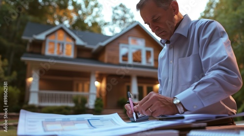 Man Reviewing House Plans in Front of New Home Construction