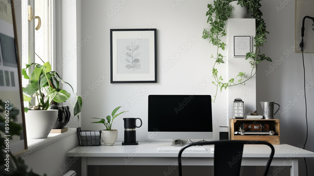 Fototapeta premium A white desk with a computer monitor and a black framed picture