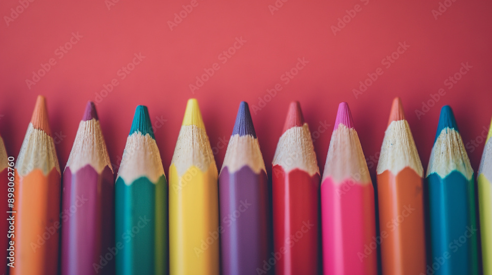 A row of colorful pencils are lined up on a red background A row of colorful pencils are lined up on a red background