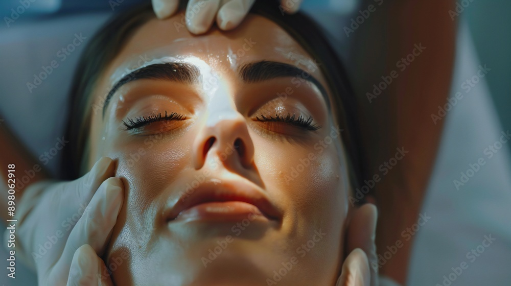 Fototapeta premium Close-up of a dermatologist gently massaging a woman's face during a beauty treatment