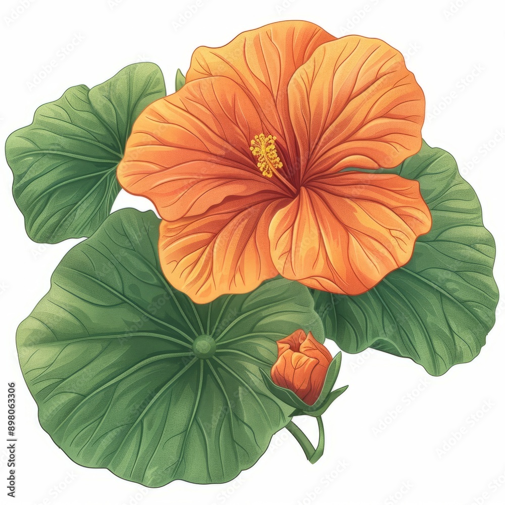 Orange Hibiscus Flower with Green Leaves. Orange Hibiscus Flower with Green Leaves.