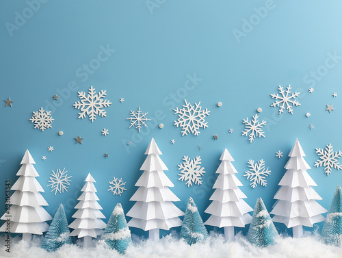 White Christmas trees and snowflakes on blue background. Paper cut style. Christmas card concept. Copy space.
