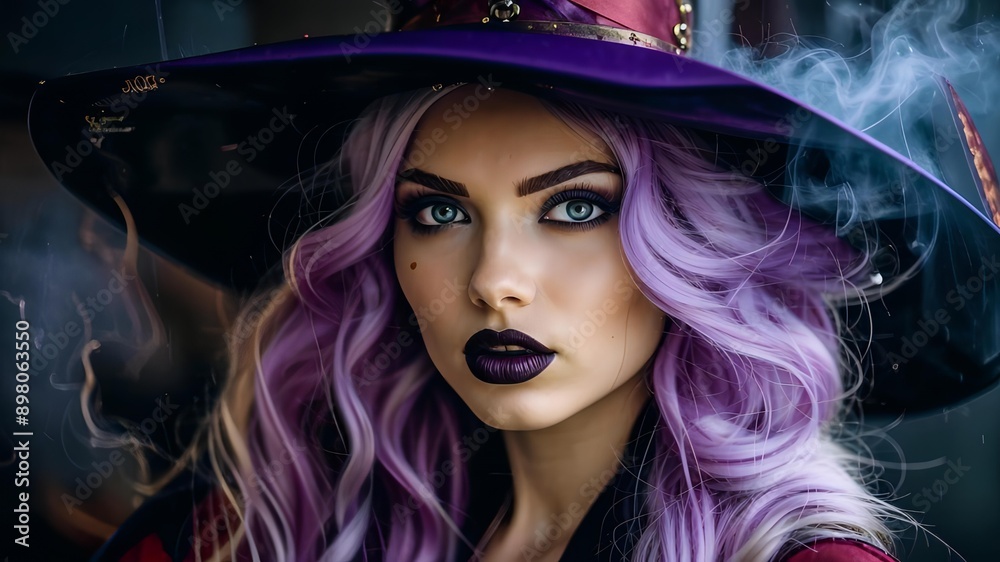A girl with purple hair and a witch's hat A girl with purple hair and a witch's hat
